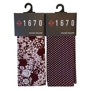 2-Pack, 1670 Pocket Squares Burgundy Floral Print and Burgundy Polka Dot, Cotton